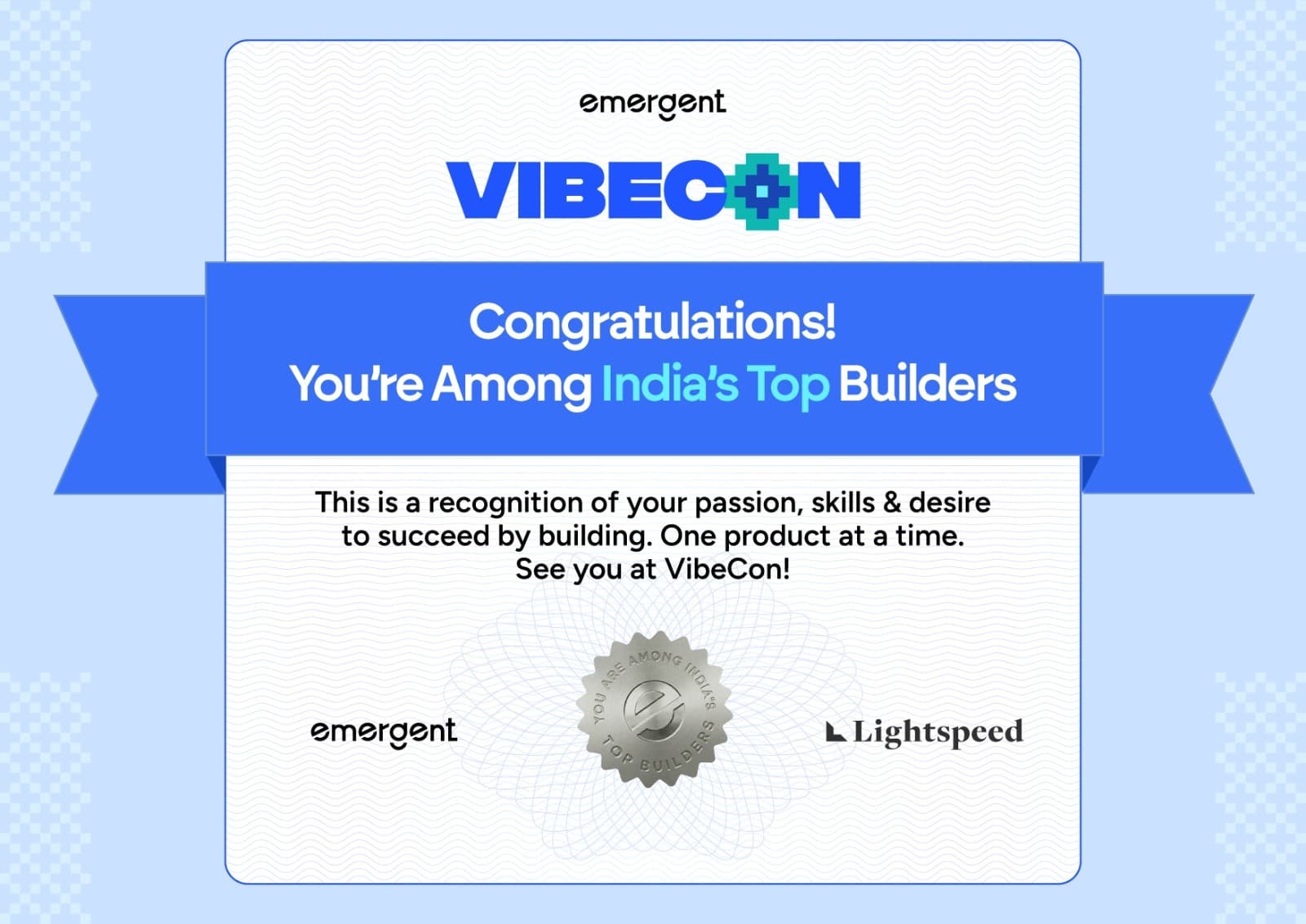 VibeCon Top 300 Builders certificate by Emergent and Lightspeed